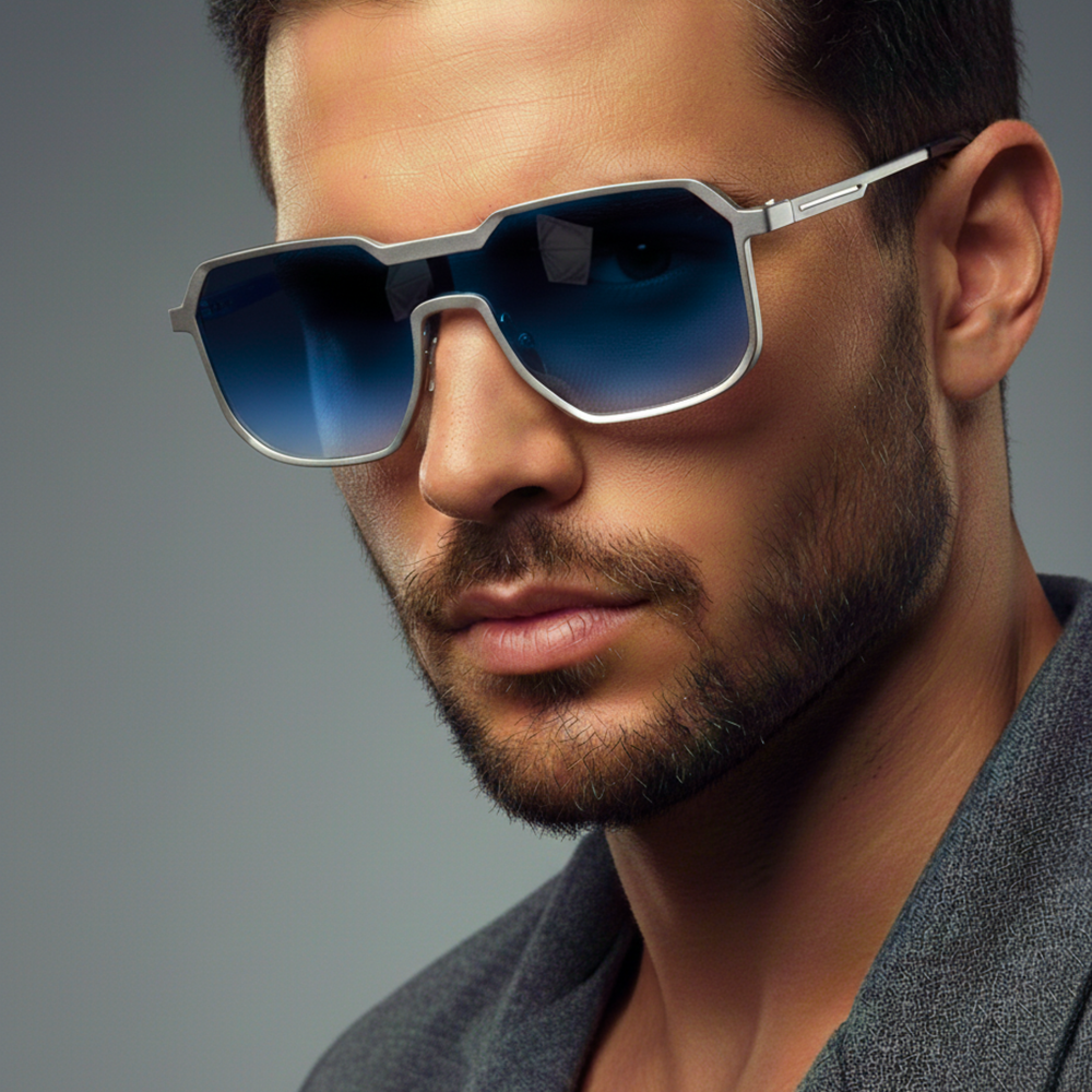 Silver titanium sunglasses with blue gradient lenses from the Dylan Archer Shades collection, defined by an elegant chic style and a clean, modern silhouette.