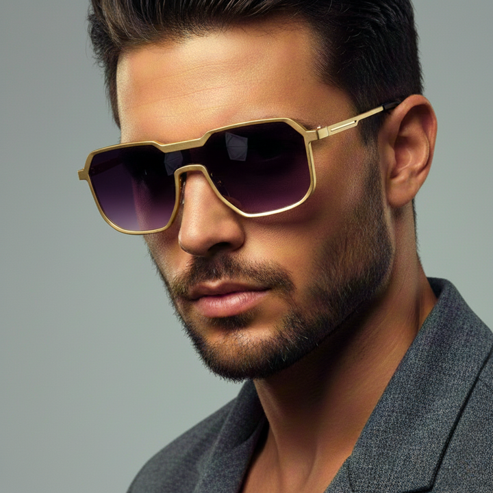 Gold titanium sunglasses with purple gradient lenses from the Dylan Archer Shades collection, defined by an elegant chic style and a clean, modern silhouette.