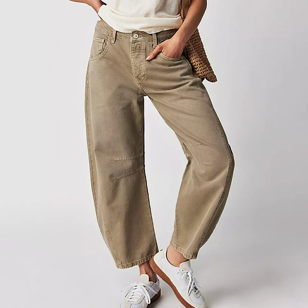 khaki wide leg jeans from the Dylan Archer women’s premium clothing collection, defined by an elegant chic style and a clean, relaxed silhouette.