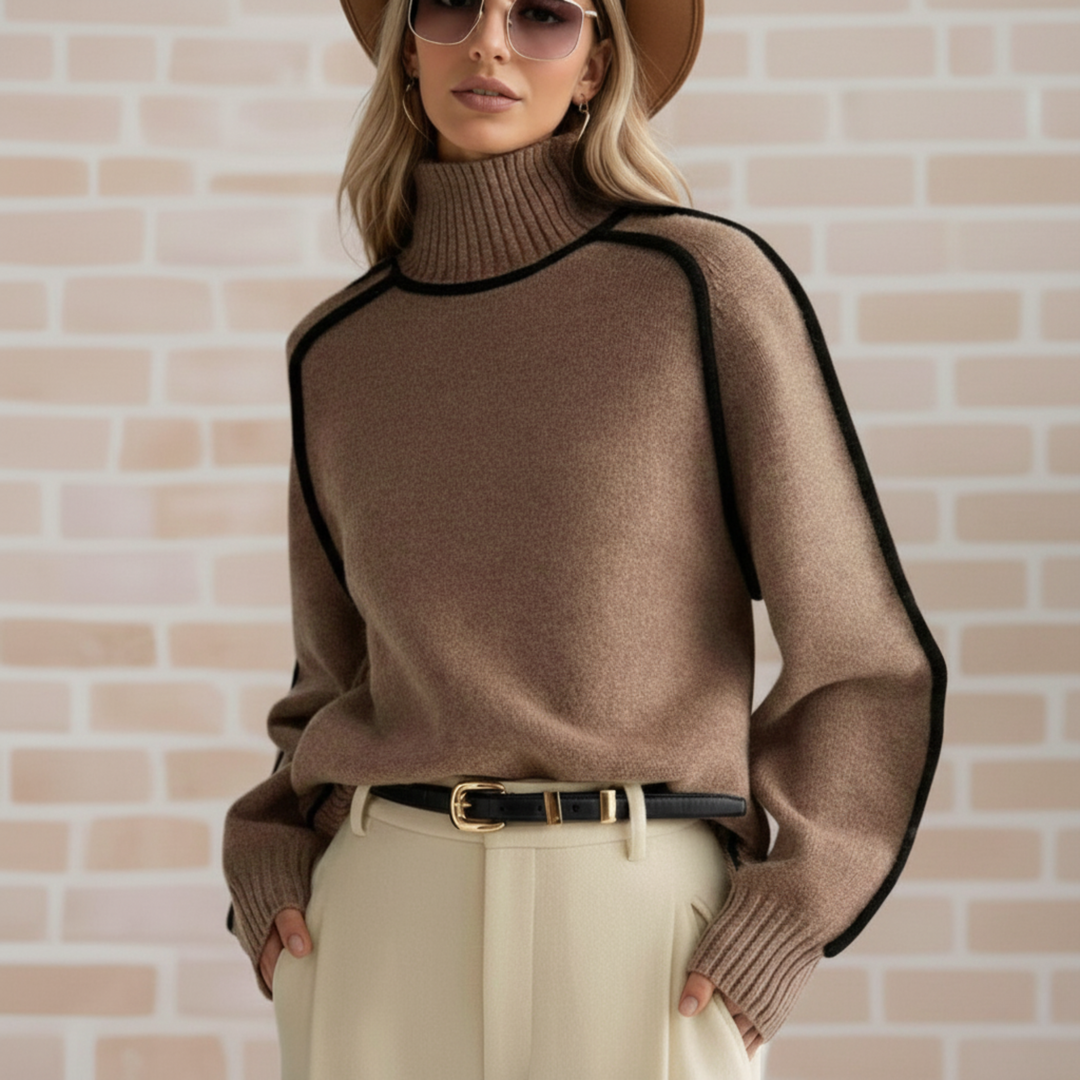 White women wearing a Brown refined knit turtleneck sweater from the Dylan Archer women’s premium clothing collection, styled in an elegant chic style with tailored trousers in a clean studio setting.