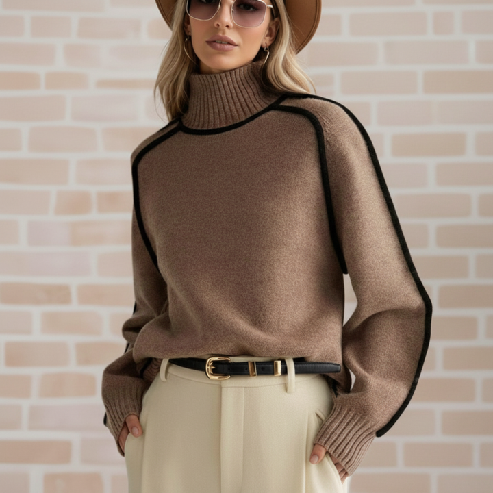 White women wearing a Brown refined knit turtleneck sweater from the Dylan Archer women’s premium clothing collection, styled in an elegant chic style with tailored trousers in a clean studio setting.