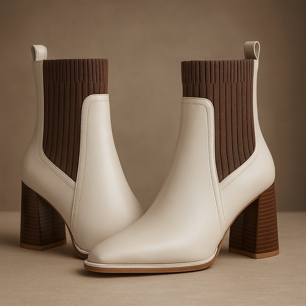 Ivory leather ankle boots with ribbed knit panel and block heel from the Dylan Archer women’s footwear collection, defined by an elegant chic style and a refined, modern silhouette.
