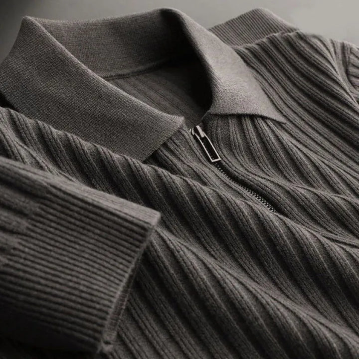 Grey quarter zip knit sweater with a structured vertical rib design from the Dylan Archer men’s premium clothing collection, defined by an elegant chic style and a clean, refined silhouette.