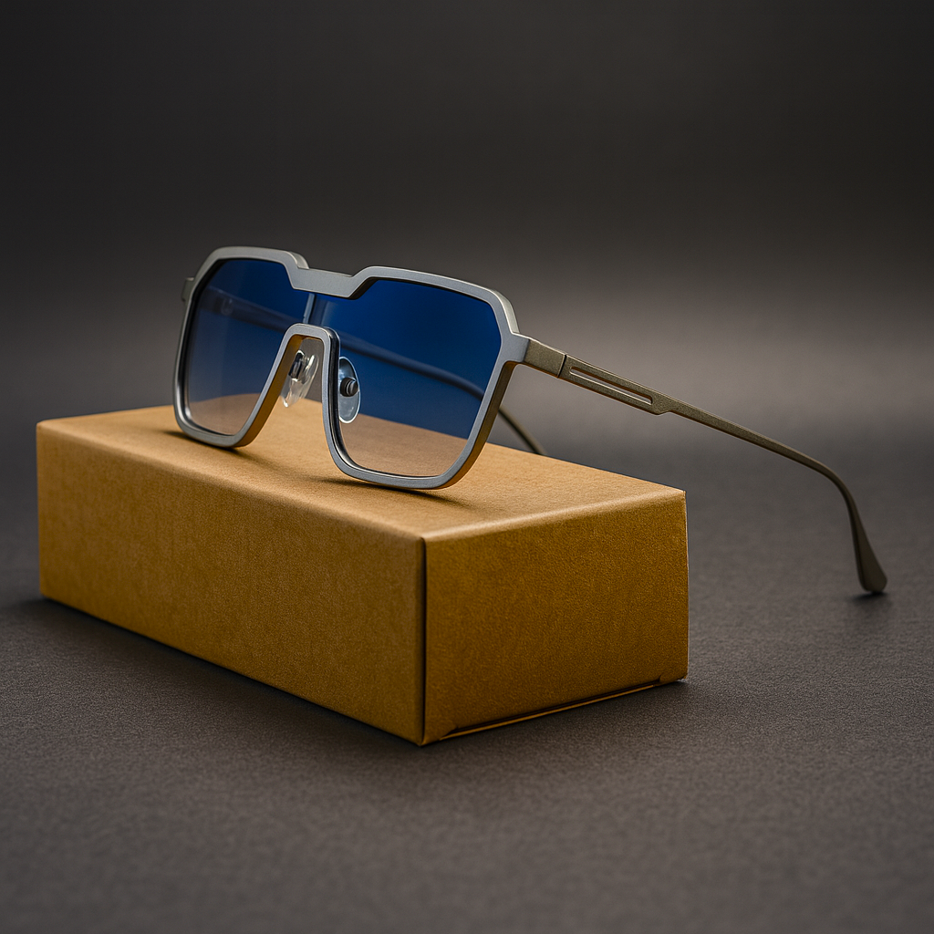 Silver titanium sunglasses with Blue gradient lenses from the Dylan Archer Shades collection, defined by an elegant chic style and a clean, modern silhouette.