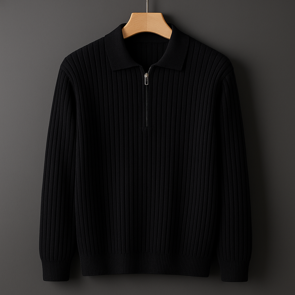 Black quarter zip knit sweater with a structured vertical rib design from the Dylan Archer men’s premium clothing collection, defined by an elegant chic style and a clean, refined silhouette.