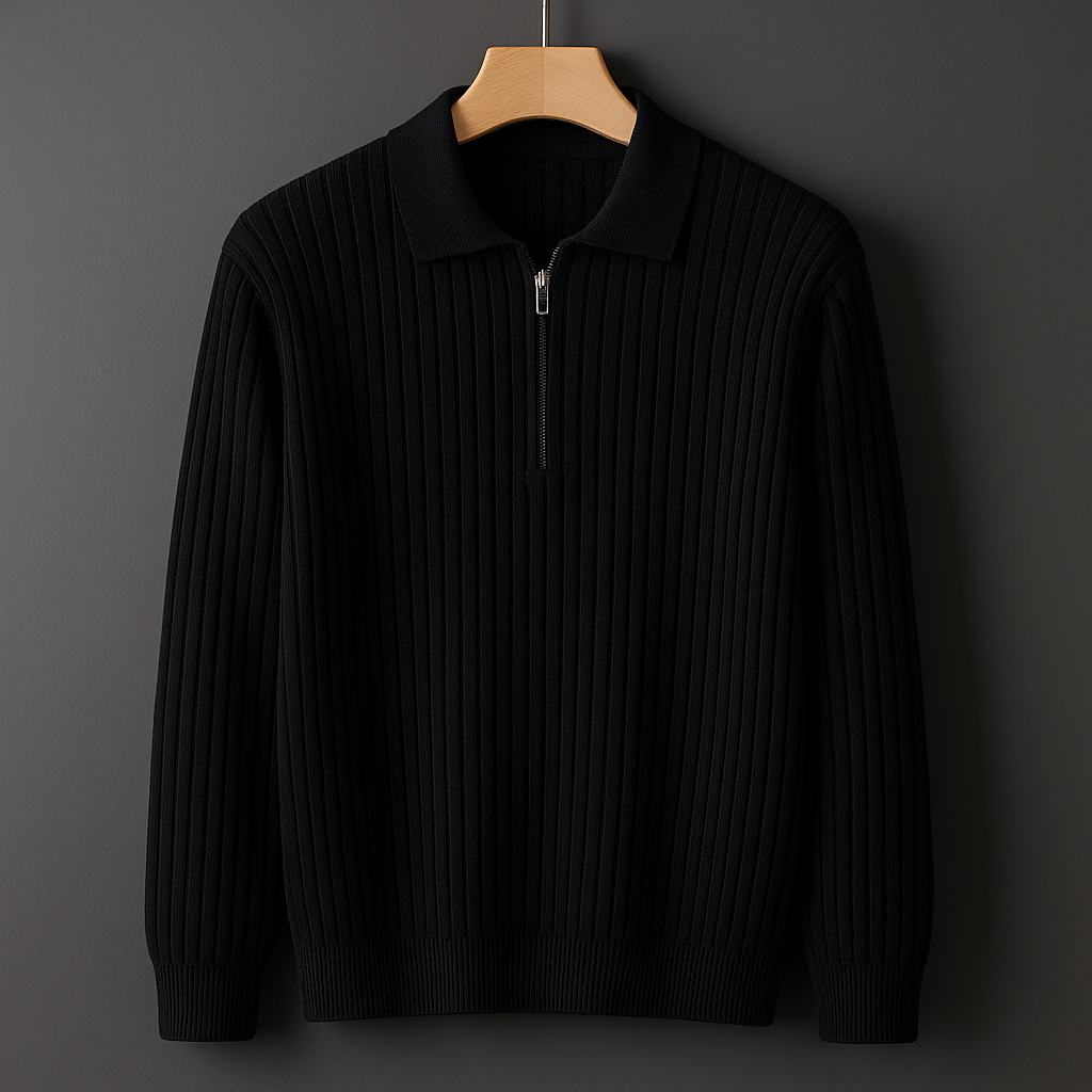 Black quarter zip knit sweater with a structured vertical rib design from the Dylan Archer men’s premium clothing collection, defined by an elegant chic style and a clean, refined silhouette.