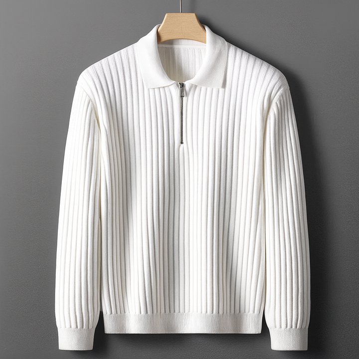 White quarter zip knit sweater with a structured vertical rib design from the Dylan Archer men’s premium clothing collection, defined by an elegant chic style and a clean, refined silhouette.