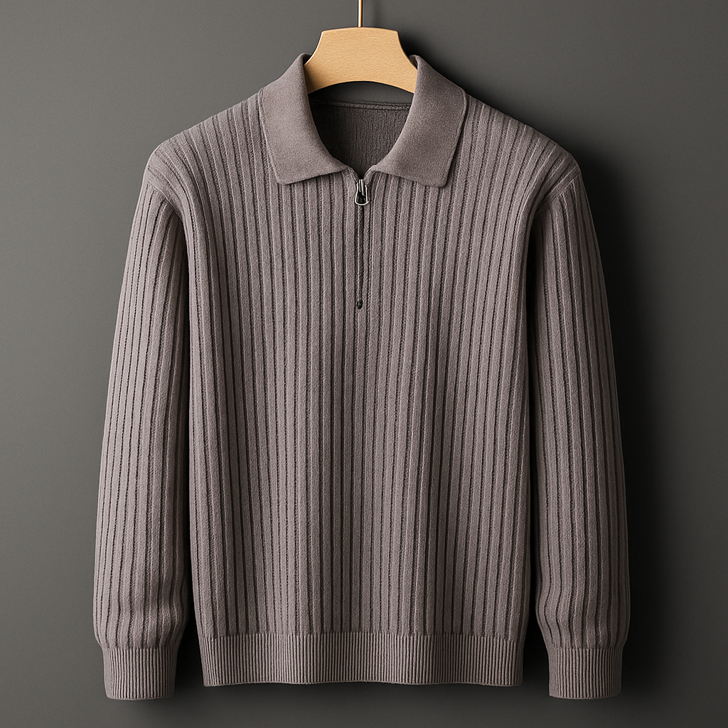 Grey quarter zip knit sweater with a structured vertical rib design from the Dylan Archer men’s premium clothing collection, defined by an elegant chic style and a clean, refined silhouette.