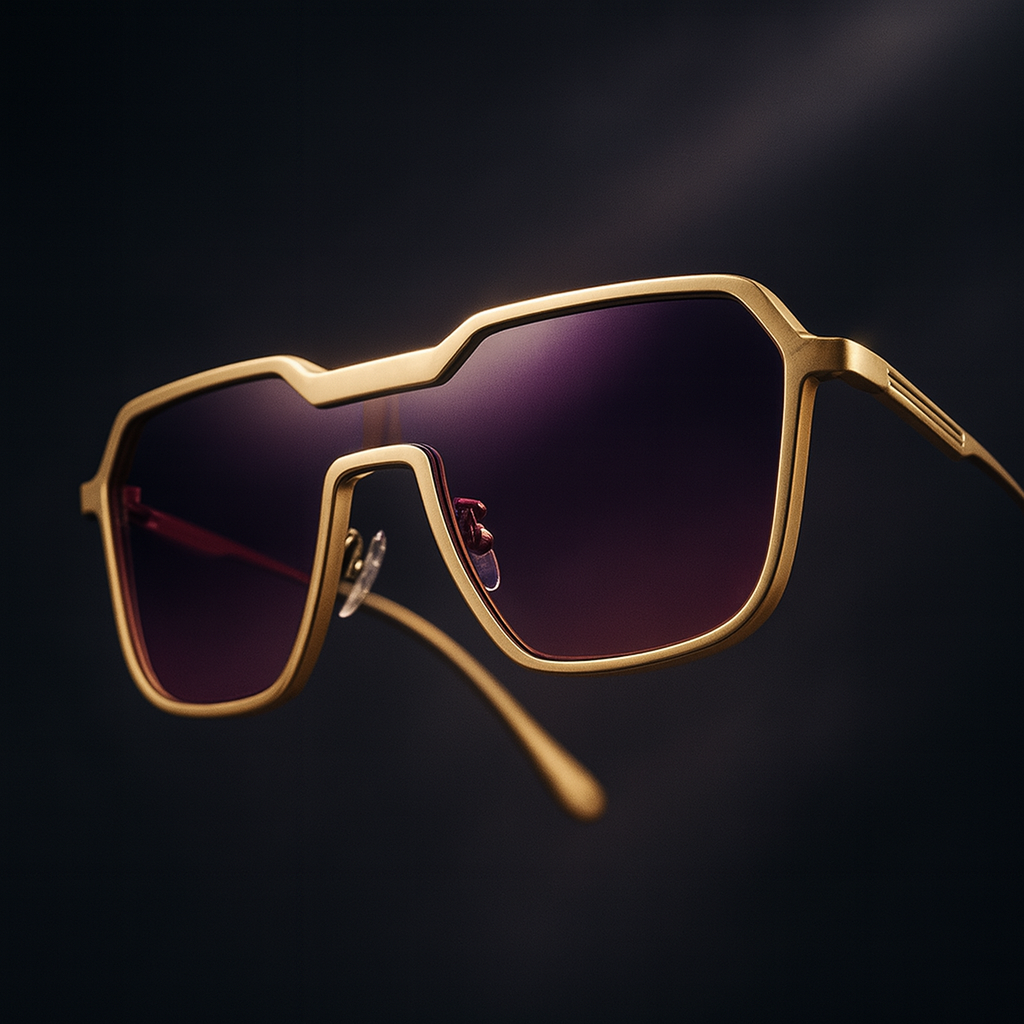Gold titanium sunglasses with purple gradient lenses from the Dylan Archer Shades collection, defined by an elegant chic style and a clean, modern silhouette.