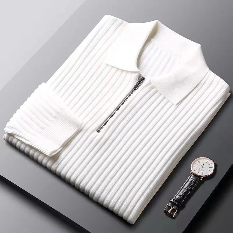 White quarter zip knit sweater with a structured vertical rib design from the Dylan Archer men’s premium clothing collection, defined by an elegant chic style and a clean, refined silhouette.
