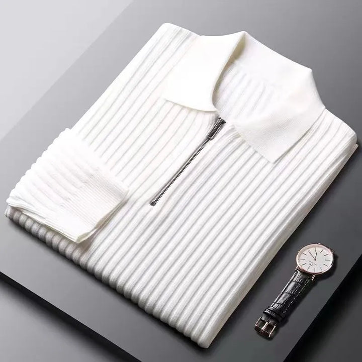 White quarter zip knit sweater with a structured vertical rib design from the Dylan Archer men’s premium clothing collection, defined by an elegant chic style and a clean, refined silhouette.