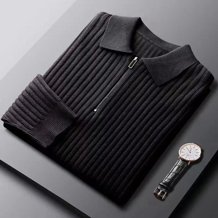 Black quarter zip knit sweater with a structured vertical rib design from the Dylan Archer men’s premium clothing collection, defined by an elegant chic style and a clean, refined silhouette.