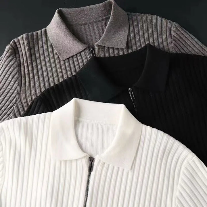 White, Black and Grey quarter zip knit sweaters with a structured vertical rib design from the Dylan Archer men’s premium clothing collection, defined by an elegant chic style and a clean, refined silhouette.